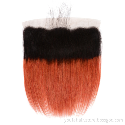 Indian Virgin Human Hair Silky Straight 4x4 13x4 Swiss Lace Frontal 1B 350 Ombre Orange Color HD Lace Front for Black Women